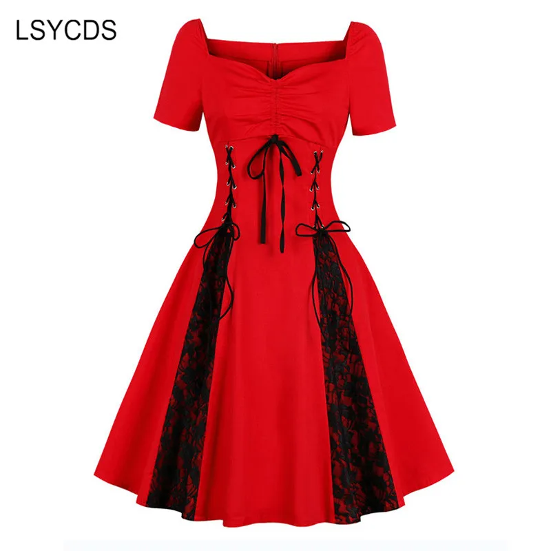 LSYCDS 2024 Autumn Winter Gothic style Red Lace Dresses Sexy Square Neck Cotton Short Sleeve  Women's Retro Dress