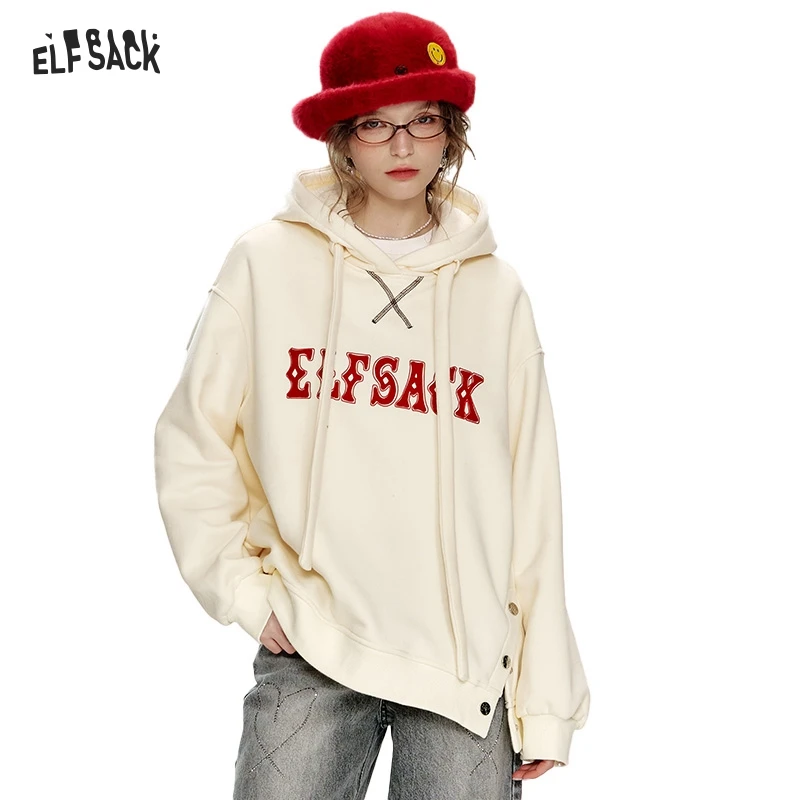 

ELFSACK 2024 Winter New Arrivals Casual Red Letter Slit Plush Hoodie for Women Christmas