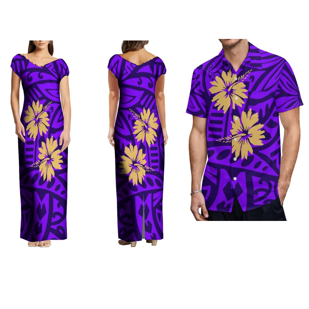 Conjuntos de casais samoanos com estampas florais polinésias, ilha tribal, vestidos femininos e camisas formais havaianas masculinas