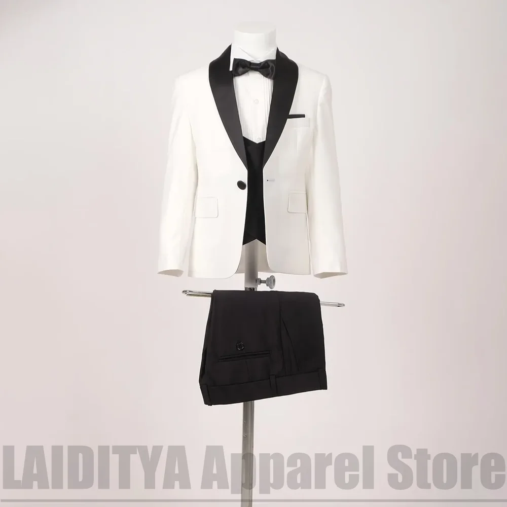 Fashion Boys Suit With Black Satin Shawl Lapel Kids Wedding Formal Outfit Blazer Vest Pants Birthday Party Prom Tuxedo 3 Piece