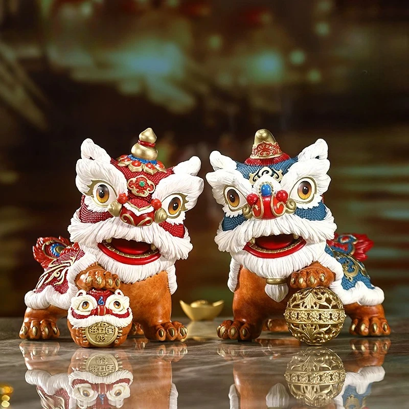 For Brass Guochao Lion Dancing Ornament, a pair of home decoration handicrafts, entrance wine cabinet ornament