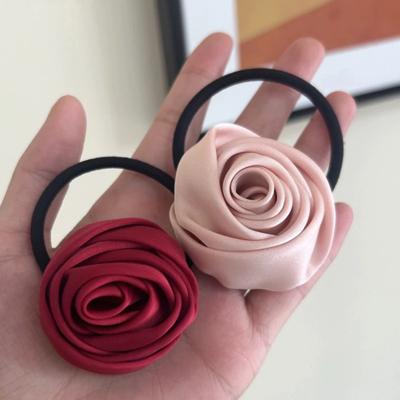 Rose Flower Head Rope French Style Retro Gentle Flower Intestine Hair Ring Artistic Satin Gloss Hair Scrunchies Woman Hair Rope