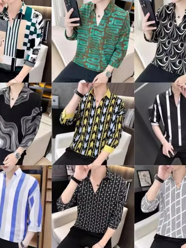 

Printed V-Ne Pullover Men's irt Floral Print 7/8 Sve Oversized Fit Casual irt Thin Material Autumn Wear