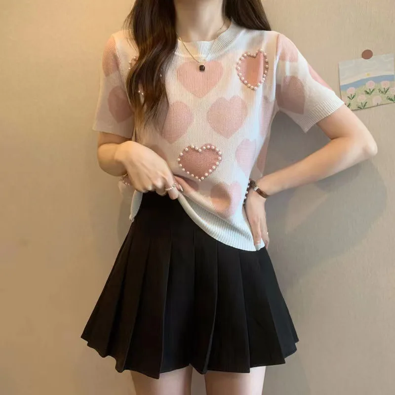 Summer Korean New Short-Sleeved Heart-Shaped Jacquard Beaded All-Match Slimming and Short Ice Silk Sweater Women's Shirt Thin