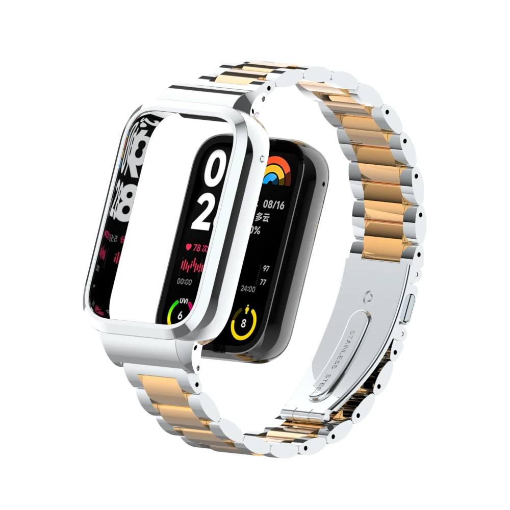 Metal Watch Band for Xiaomi band 8pro stainless steel, Metal protective frame one-piece strap for miBand 8 pro replacement strap