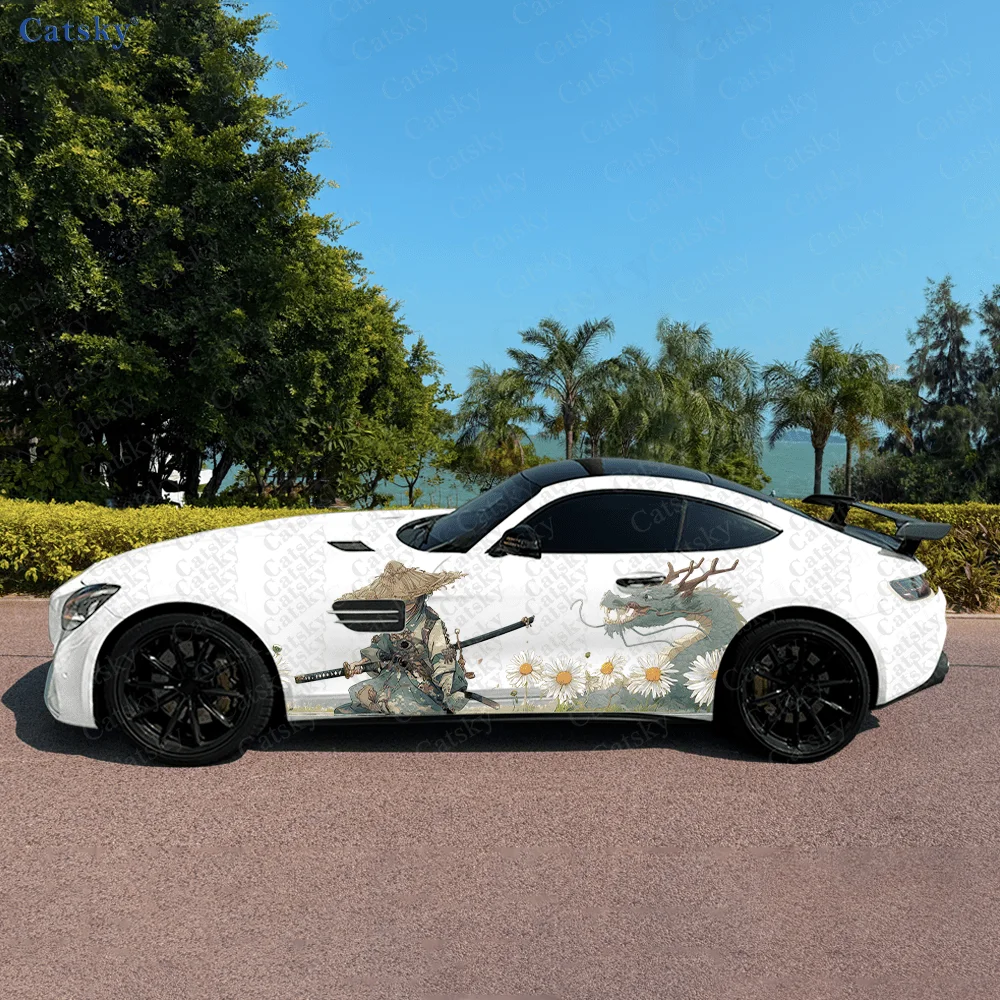 

2pcs Female Warrior and Dragon Car Vinyl Wrap, PVC Material Waterproof Side Car Sticker, Self-Adhesive Scratch-Resistant Sticker
