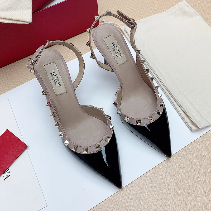 Genuine Leather Pointed Toe High Heels for Women Sandals Brand Rivets Shoes Female Fashion Elegant Ladies Trend Summer 2024