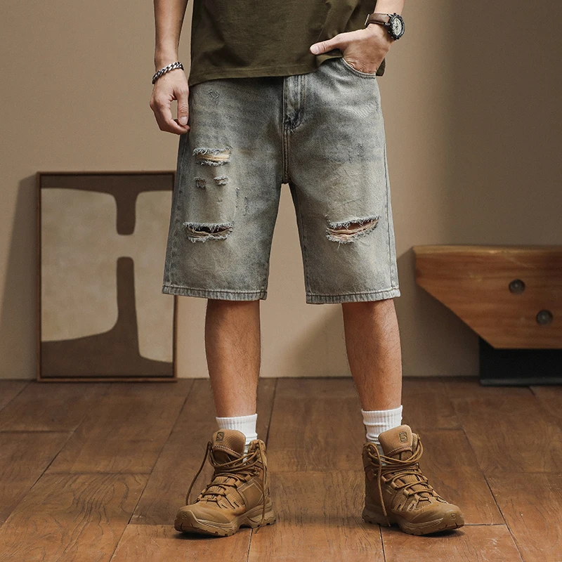 

Japanese-style Loose Straight Bermuda Shorts for Men Spring/summer Casual Trendy Ripped Denim Jeans Streetwear Plus Size 40