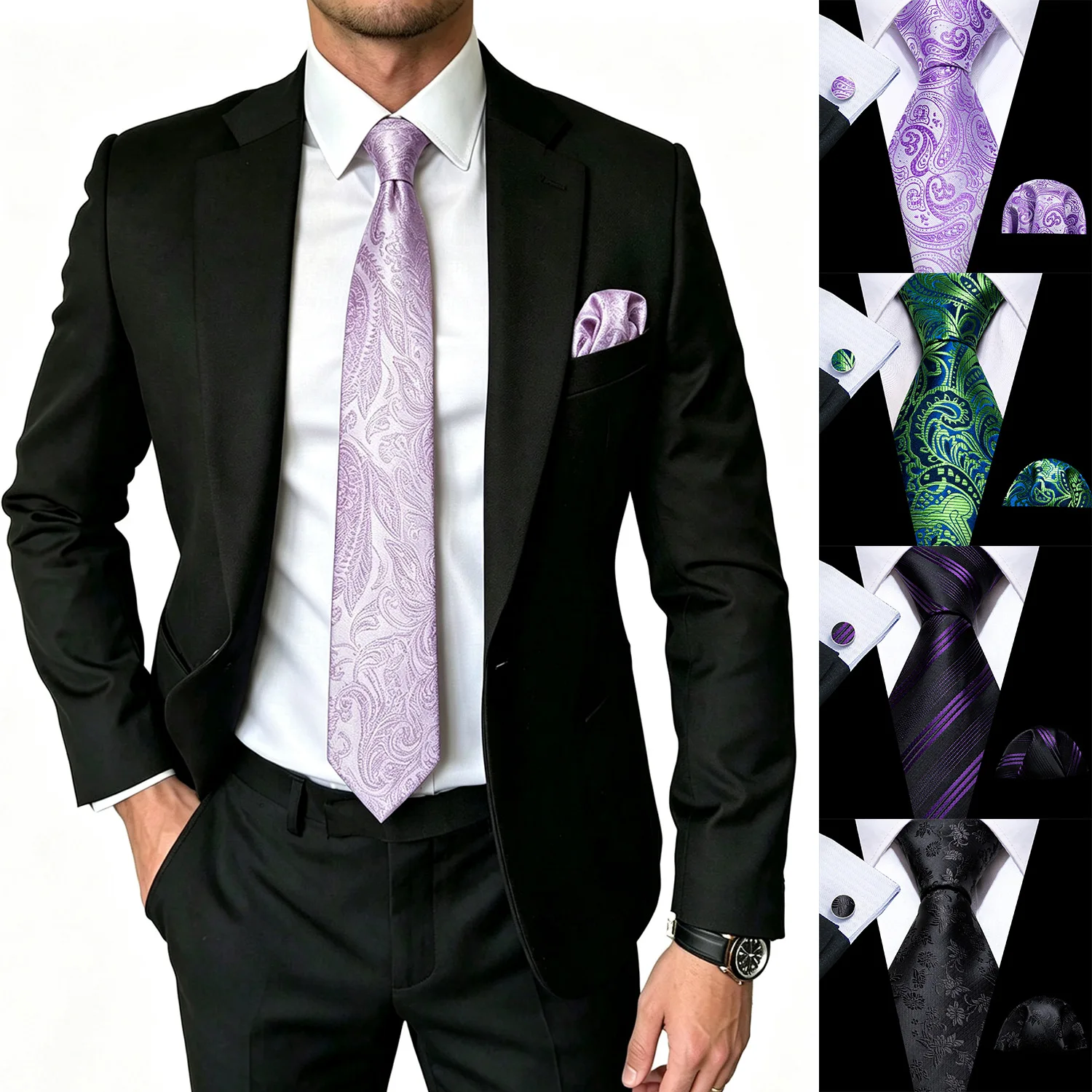 Purple Green Paisley Striped Mens Necktie Set 3 Piece, Tie Pocket Square Cufflinks Gift Pack