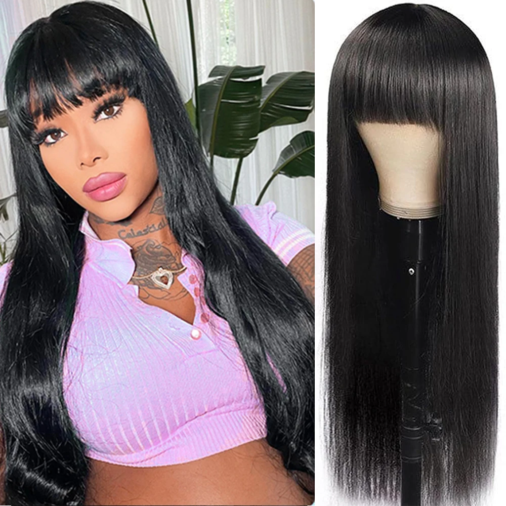 

8-32 Inch Straight Human Hair Wigs With Bangs Full Machine Made Natural Color Glueless Remy Brazilian Hair Bob Wig Human Hair