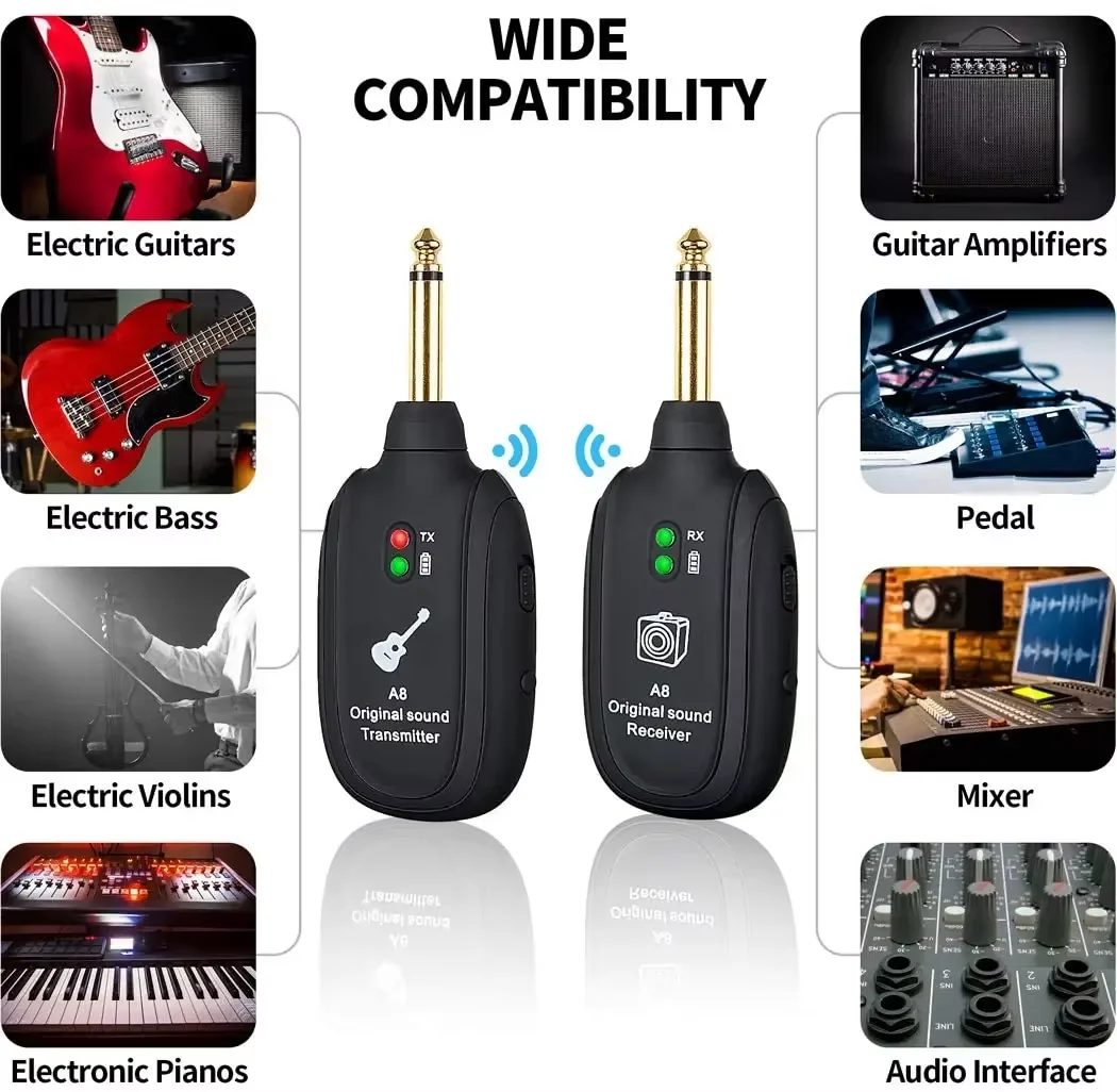 A8 Guitar Wireless System Transmitter Receiver Built-in Rechargeable Wireless Guitar Transmitter For Electric Guitar Bass