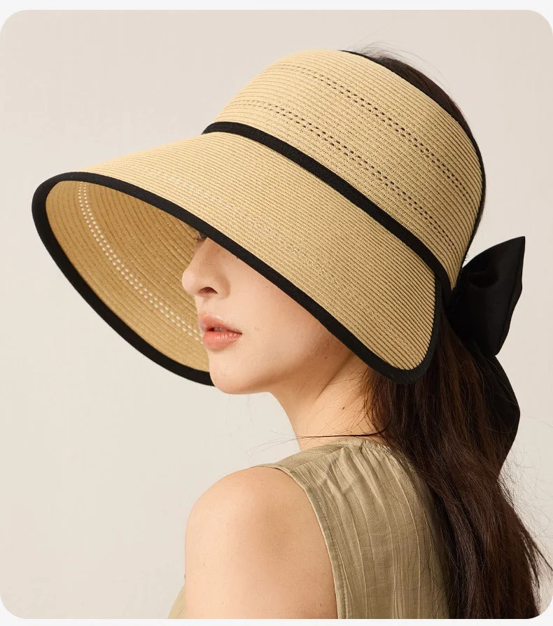 Summer Weave Sun Hat for Women Outdoor Fashion Wide-Brimmed Open-Top Hat Foldable Beach Sun Hat Sun Protection