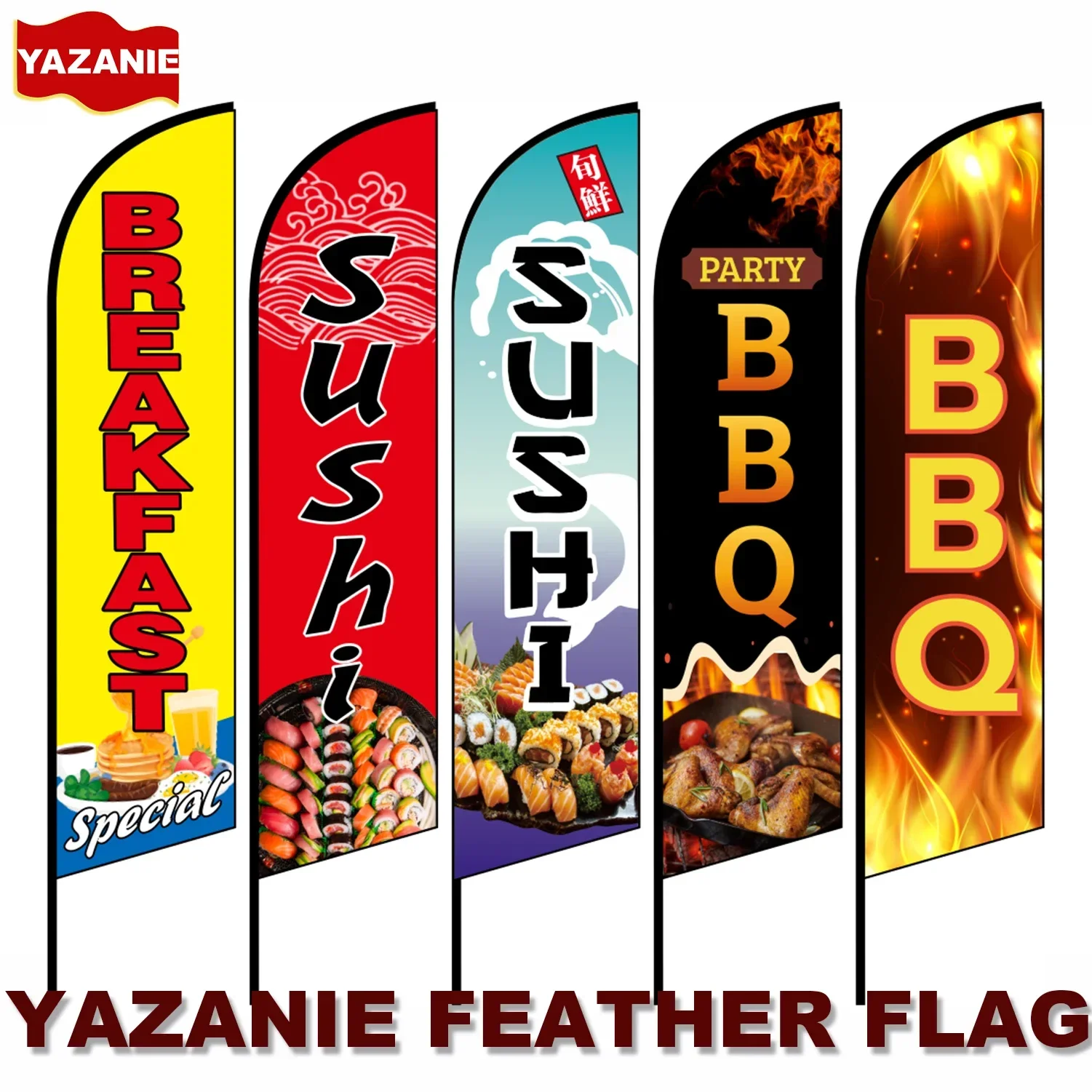 11FT Outdoor Sushi BBQ Restaurant Windless Feather Banner Flag Single Double Sided Custom Breakfast Swooper Flag for Advertising