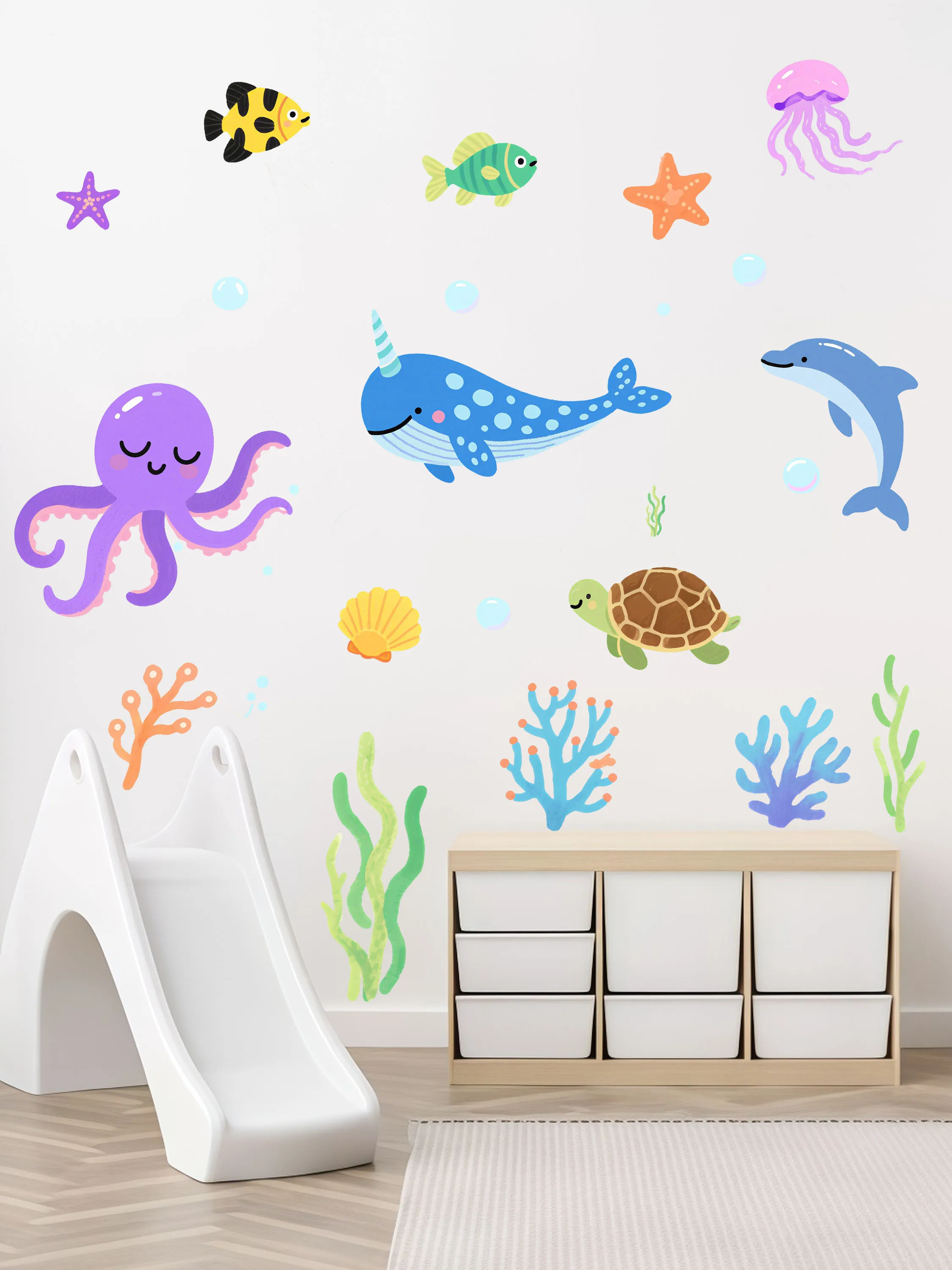 Children's Fun Ocean World Wall Stickers Children's Room/Bathroom Background Wall Decoration Removable Waterproof Self Adhesive