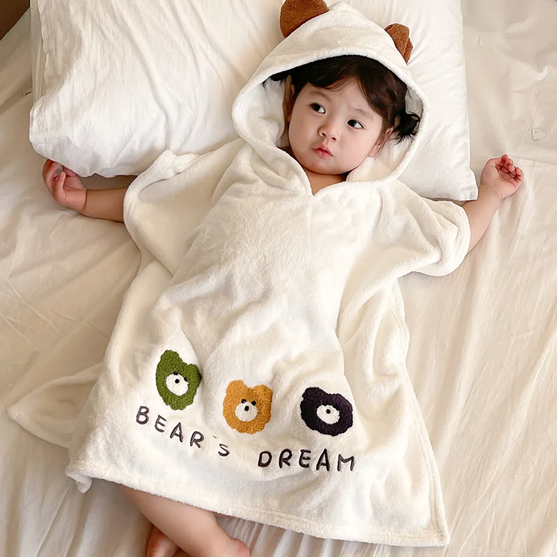 Children\'s Bathrobe Polyester Baby Soft Skin Absorbent Quick Drying Hooded Bath Towel Cartoon Frog Bear Air Conditioning Blanket