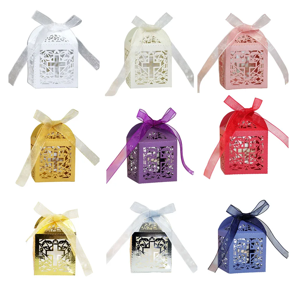 50 Pieces Gift Boxes Candy Chocolate Biscuit Package Holder Paper Wedding Decorative Atmospheres Ribbon Container Pink