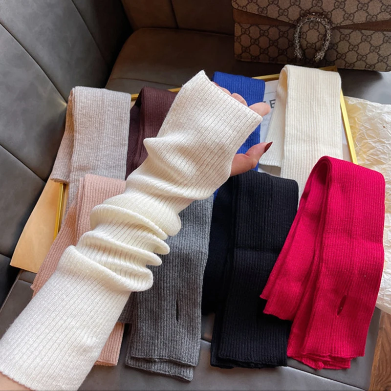 Autumn Winter Women Arm Warmers Knitted Woolen Arm Sleeve Fine Long Knitted Fingerless Gloves Casual Warm Soft Female Gloves