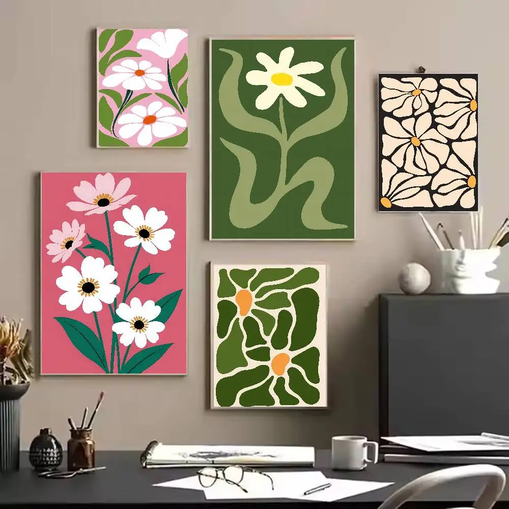 Minimalist Flat Flower Art Poster, Pastel Color Block Daisy Leaf Abstract Drawing, Neutral Boho Wall Decor for Home Living Room