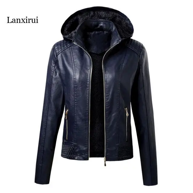 Faux Pu Leather Jackets Women Autumn Hooded Outerwear Pockets Zipper Coat Slim Biker Jacket Hoodies Plus Velvet