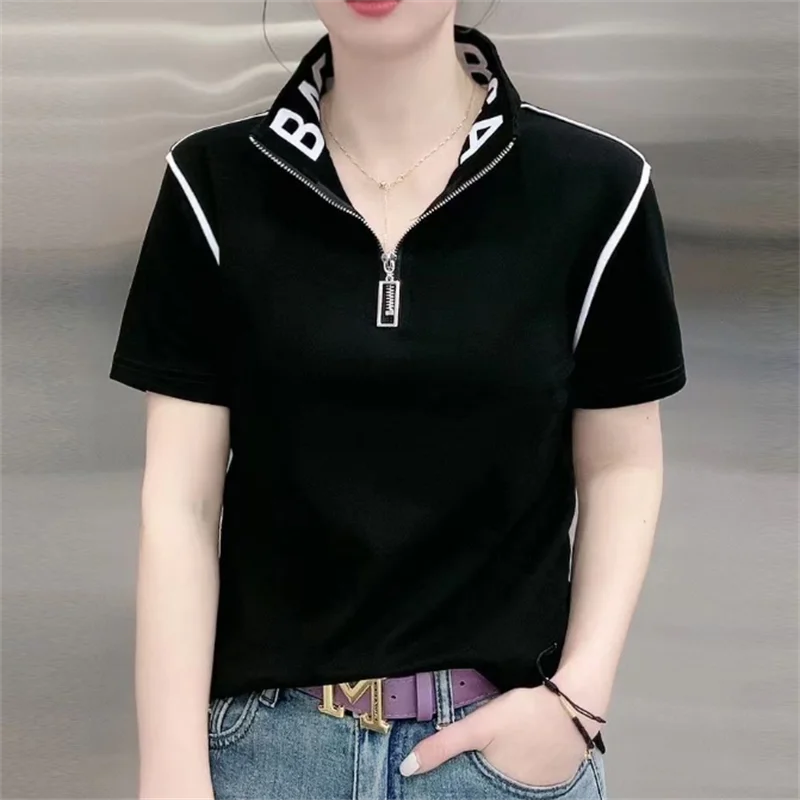 Women\'s T-shirt Short Sleeve Summer Female Polo Shirt Casual Fashion Slim Fit Ladies Tops Black Zipper Pullover Tops