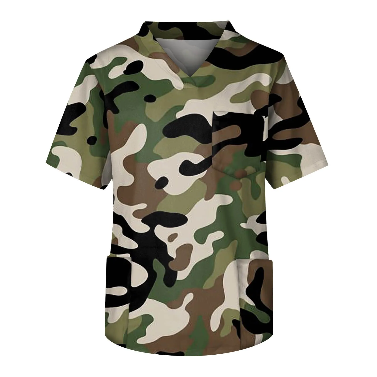 Men'S Fashion Camouflage Short Sleeve V-Neck Tops Working Pocket Blouse Male Scrub Nurse Working Uniform T-Shirts Workwear Tee