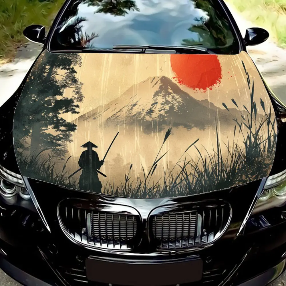 Samurai Holding Sword Print Car Hood Wrap Color Vinyl Sticker Truck Graphic Bonnet DIY Auto Accessories Decoration Wrap Decal