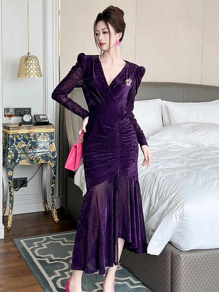 Women Clothes Formal Occasion Purple Velvet Puff Sleeve Skinny Mermaid Dress Elegant Ladies Casual Robe Party Birthday Vestidos