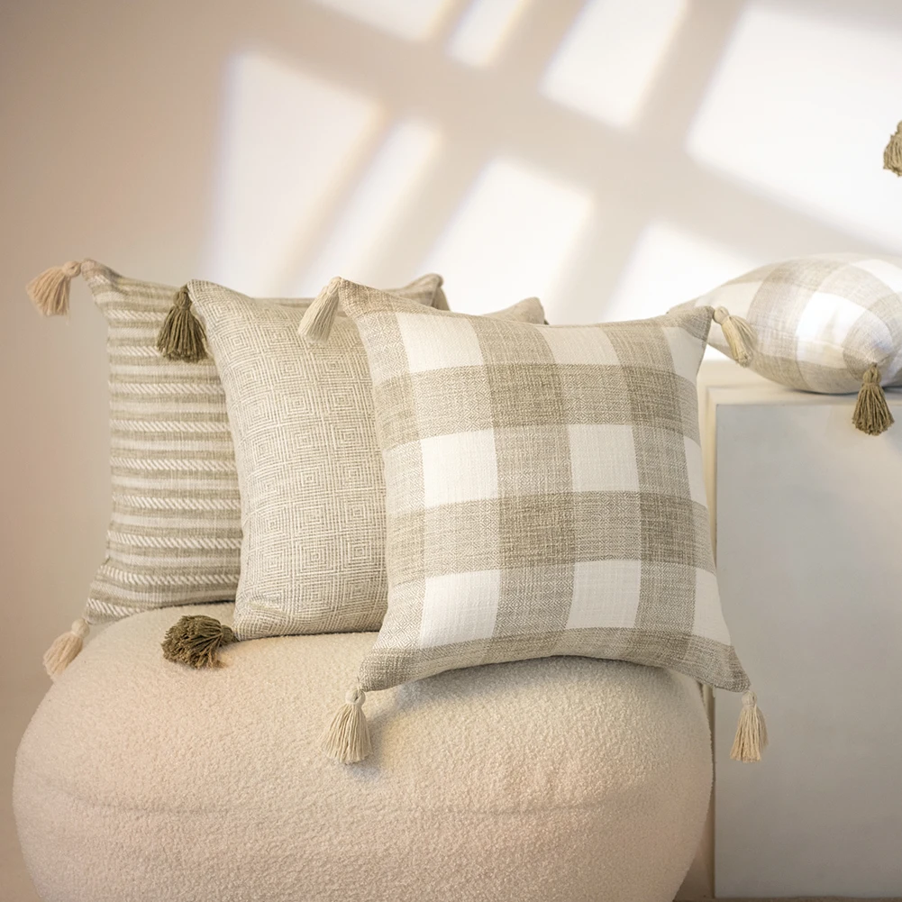 KAUNFO Wild Cushion Cover Polyester Fabric Pillowcase Solid Color Striped Plaid Tassel Custom For Bedroom Living Room
