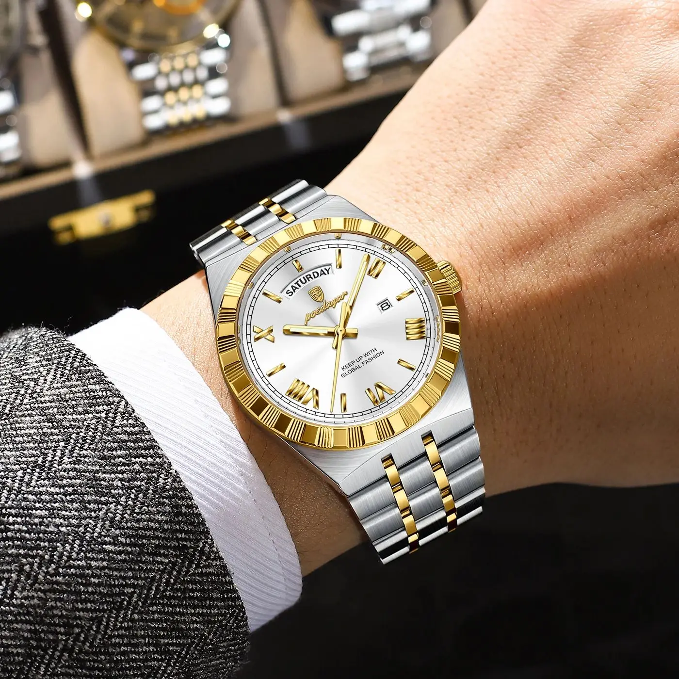 POEDAGAR الأصلي الفاخرة ساعة يد رجالي تاريخ الأسبوع مقاوم للماء مضيئة رجل ساعة الفولاذ المقاوم للصدأ ساعات كوارتز عادية للرجال