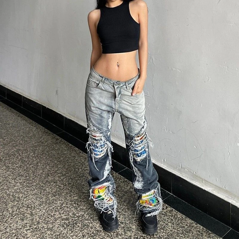 

Women's Color Blocking Splicing Design Unisex Jeans Summer Street Denim Trousers Young Girl Bottoms Female High Waisted Pants