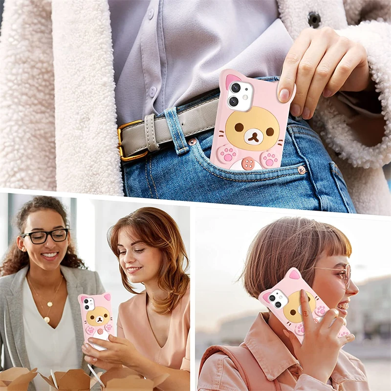 3D Cute Cartoon Pink Bear Kawaii Soft Silicone Case for IPhone 14 Plus 13 11 15 16 Pro Max 12 Mini XS XR X IPones Funny Cover