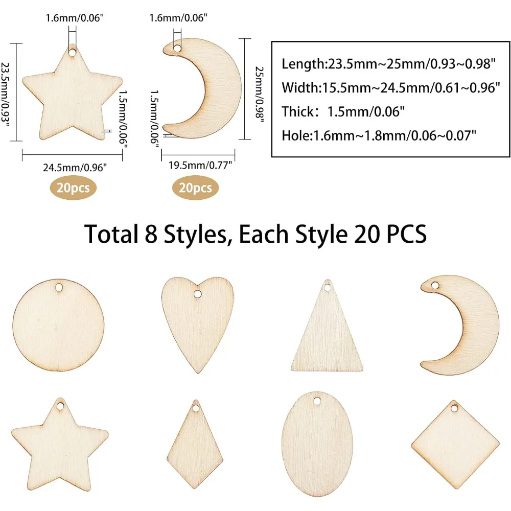 160pcs 8 Styles Undyed Wood Pendants Small Natural Star Moon Shapes for Earring Necklace Jewelry DIY Craft Making Tree Ornaments