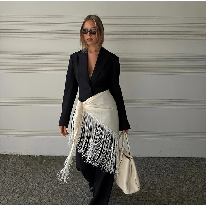 Beige Fringe Wrap Skirt Solid Tie Waist Boho Style Elegant Women Fashion All-match Mini Skirts Party Chic Casual Vacation Outfit