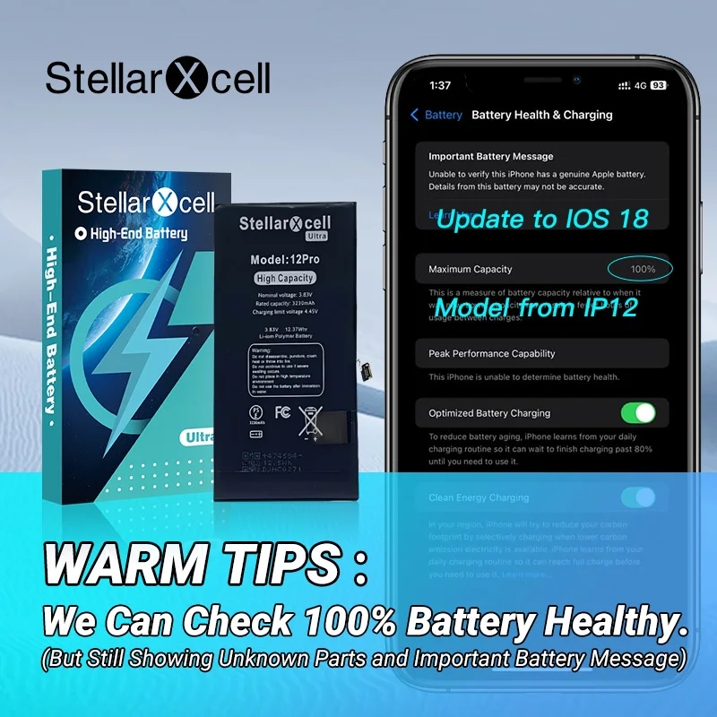StellarXcell Ultra Original BMS Battery 7037 TI for IPhone 11 12 mini 13 pro max Plus 14 15 7 8 XS XR  with free mini power bank