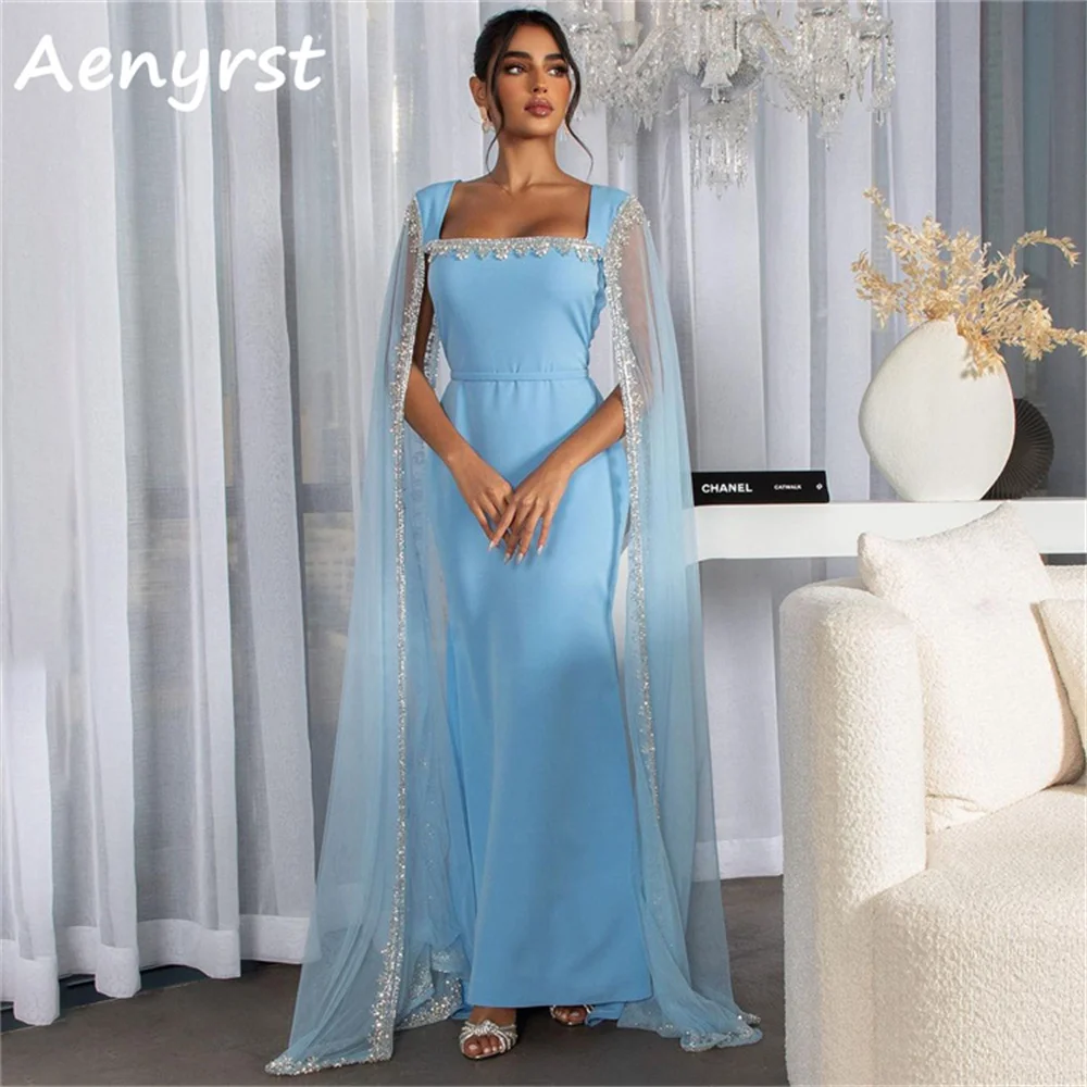 

Aenyrst Sky Blue Mermaid Square Collar Evening Dresses Saudi Arabia Long Cap Sleeves Prom Dress Ankle Length Dinner Party Gowns