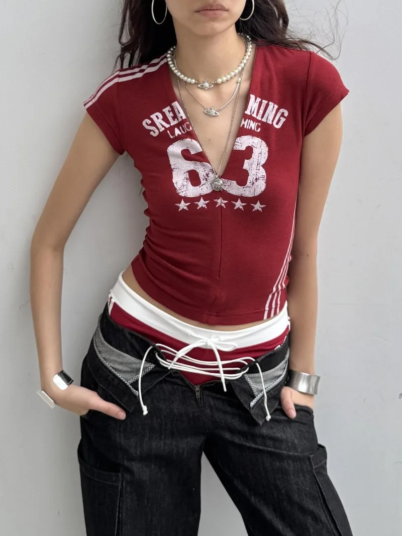Vintage Women T-Shirt Baseball Jersey Women Digital Print Sexy Zipper V Neck Slim Fit Tops New Short Sleeve Cropped Top Female