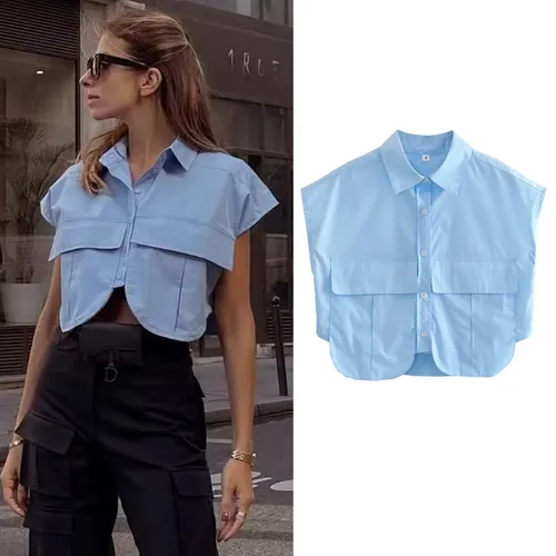 MUJER, blusa para mujer, camisa corta con botones azules y blancos, top corto elegante de manga corta, trajes de oficina para mujer, camisas, Top