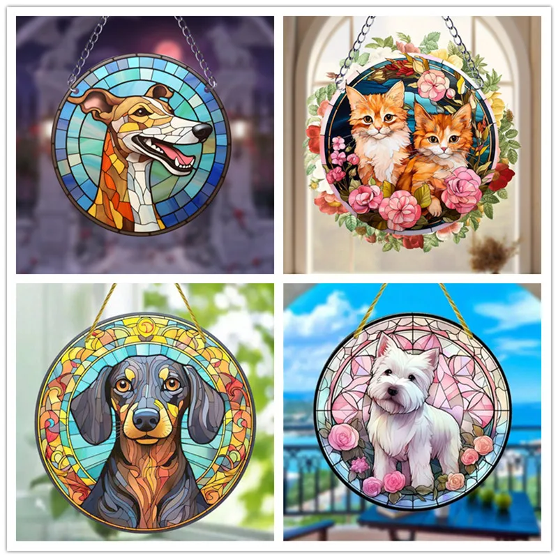 Cat Dog Suncatcher Wall Sign Stained Round Dyed Acrylic Plaque Pendant For Farmhouse Garden Bar Home Room Office Decor Kid Gifts