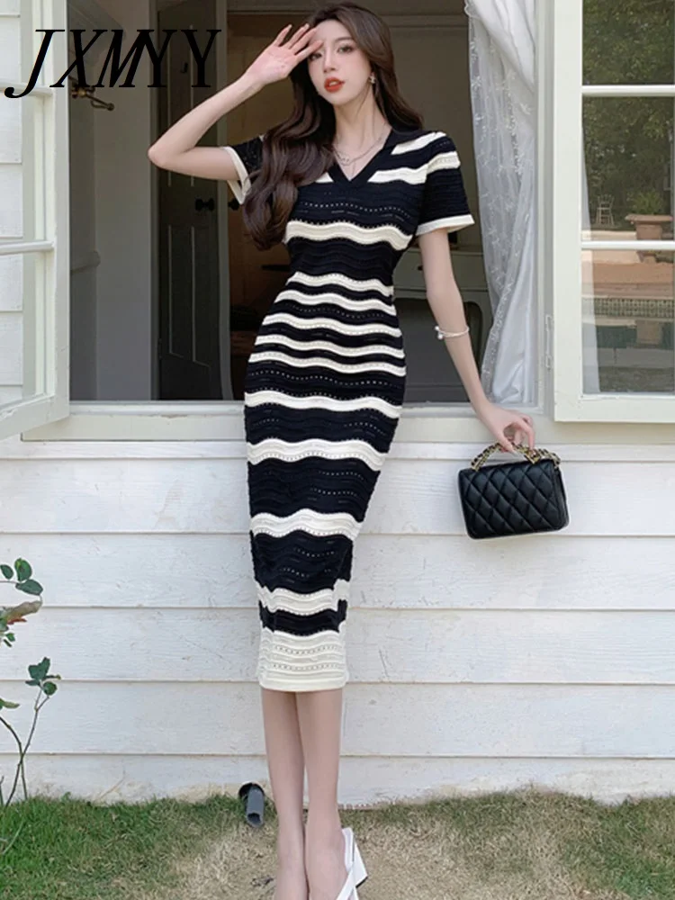 

JXMYY-Striped Knitted Dress for Women, Short Sleeve, High-End Waist, Slimming, Elegant, Summer, New