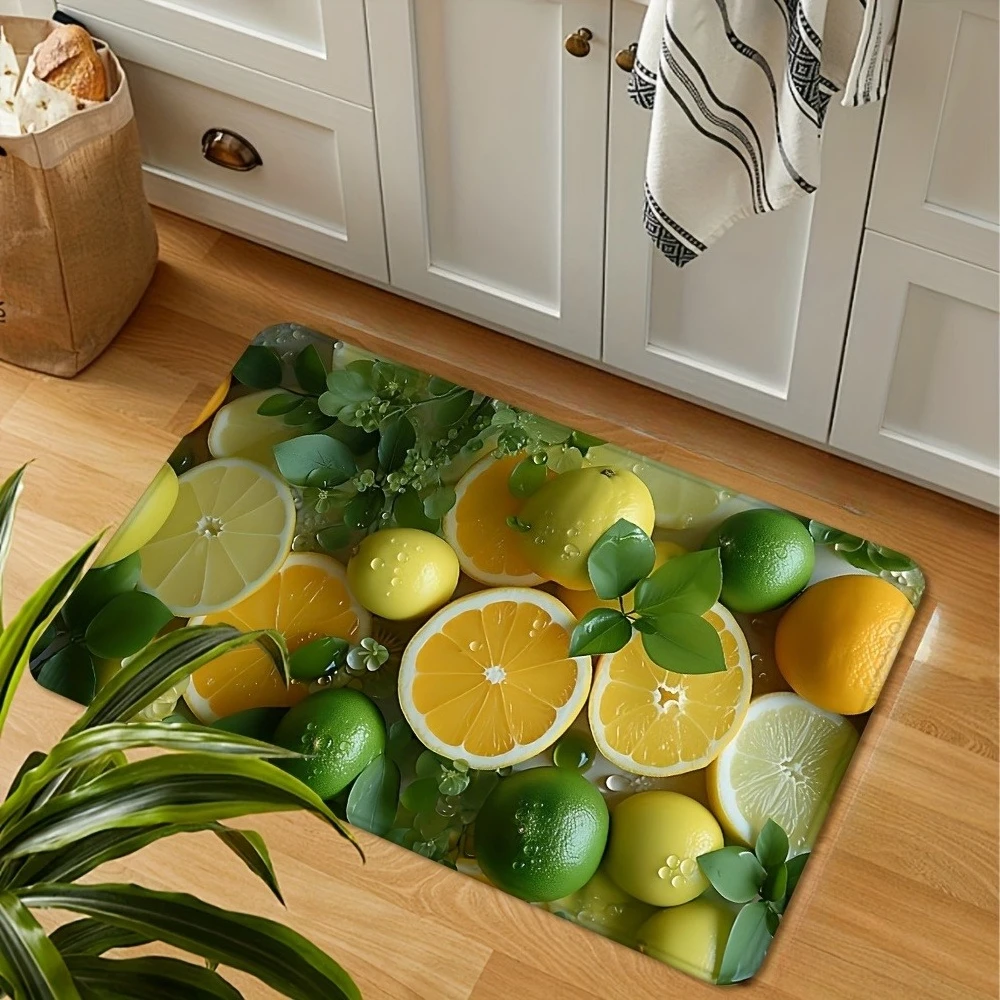 Summer Fresh Lemon Orange Lime Kitchen Mat Green Leaf Water Drop Fruit Art Design Anti Slip Washable  Kitchen Entrance Doormat