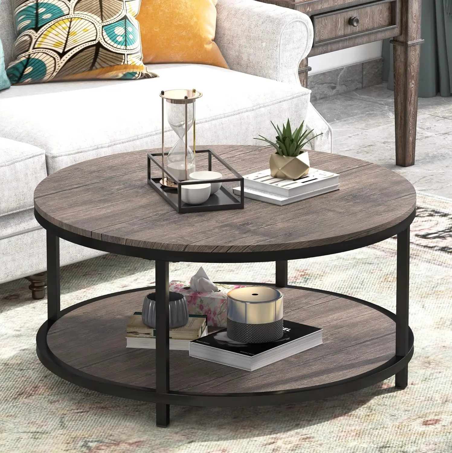 

Round Coffee Table 35.8" Circle Coffee Tables For Living Room Rustic Industrial Cocktail Table With Sturdy Metal Frame And Open
