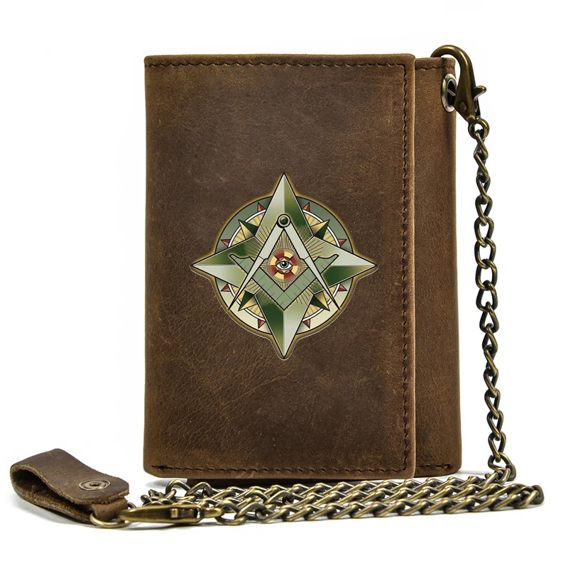 

Luxury Men Genuine Leather Wallet With Iron Chain Classic Masonic Cross All-seeing Eye Printing Card Holder Short Purse BT1453