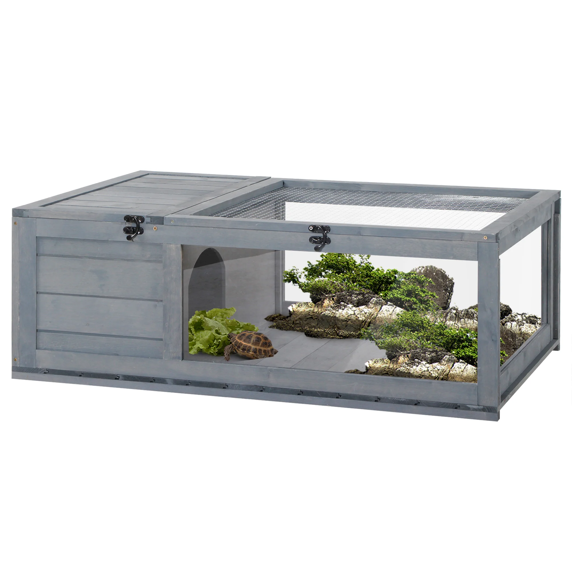 PawHut Maison pour tortues de terre avec espace modulable - habitat 2 zones, toit ouvrable et plateau coulissant - enclos et cage en bois intérieur extérieur pour reptiles, 91x60,5x32cm gris