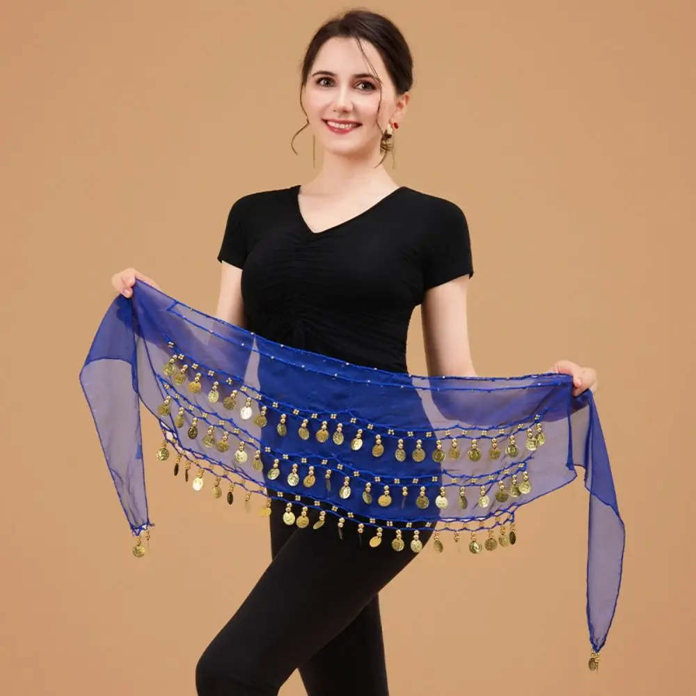 Moedas de cor dourada dança do ventre lenço de quadril três camadas material chiffon lenço de quadril envoltório ajustável ajuste confortável