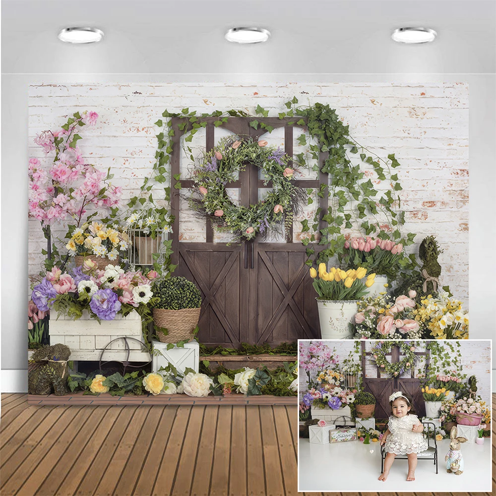 

Spring Flowers Porch Photography Backdrop Vintage Brown Wooden Door Decor Background Kids Birthday Cake Smash Photo Studio Props