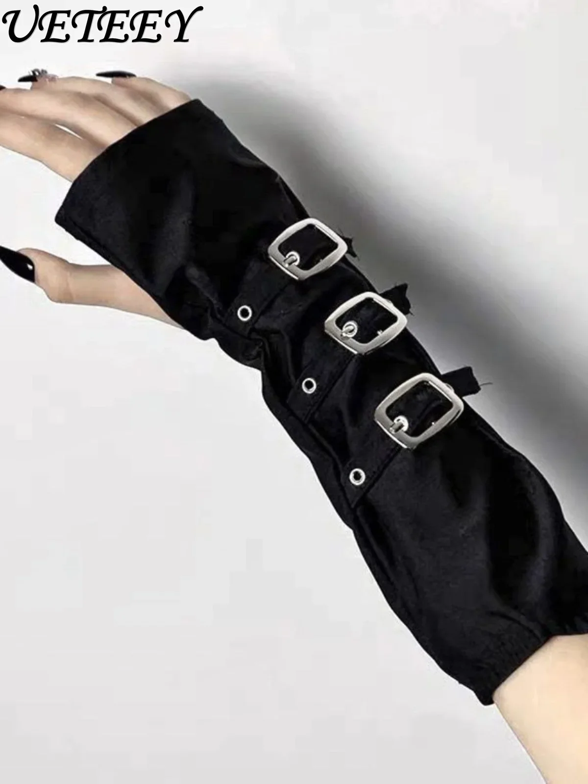 Cute Female Y2k Accessories Black Half Finger Gloves Metal Buckle Punk Style Sunscreen Hand Sleeves Women's Oversleeves