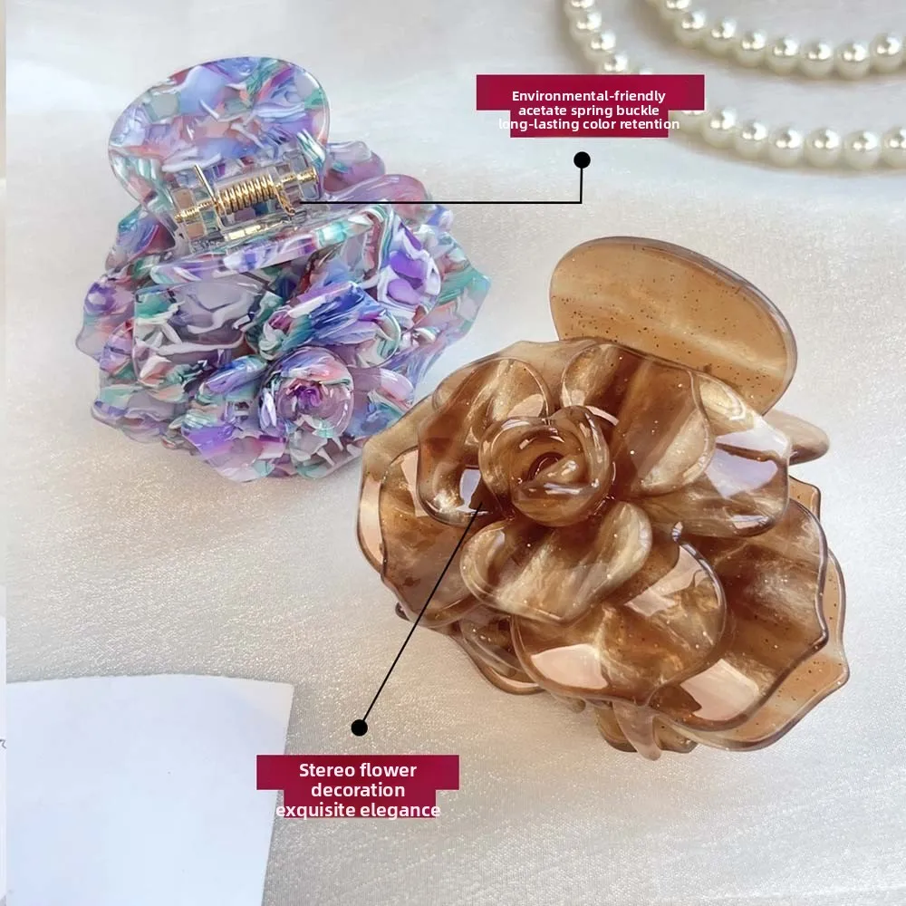 

Элегантный коготь для волос с камелией, корейский стиль, градиент цвета, цветок, зажим в виде акулы, акриловые заколки для волос, коготь для волос с уксусной кислотой для девочек