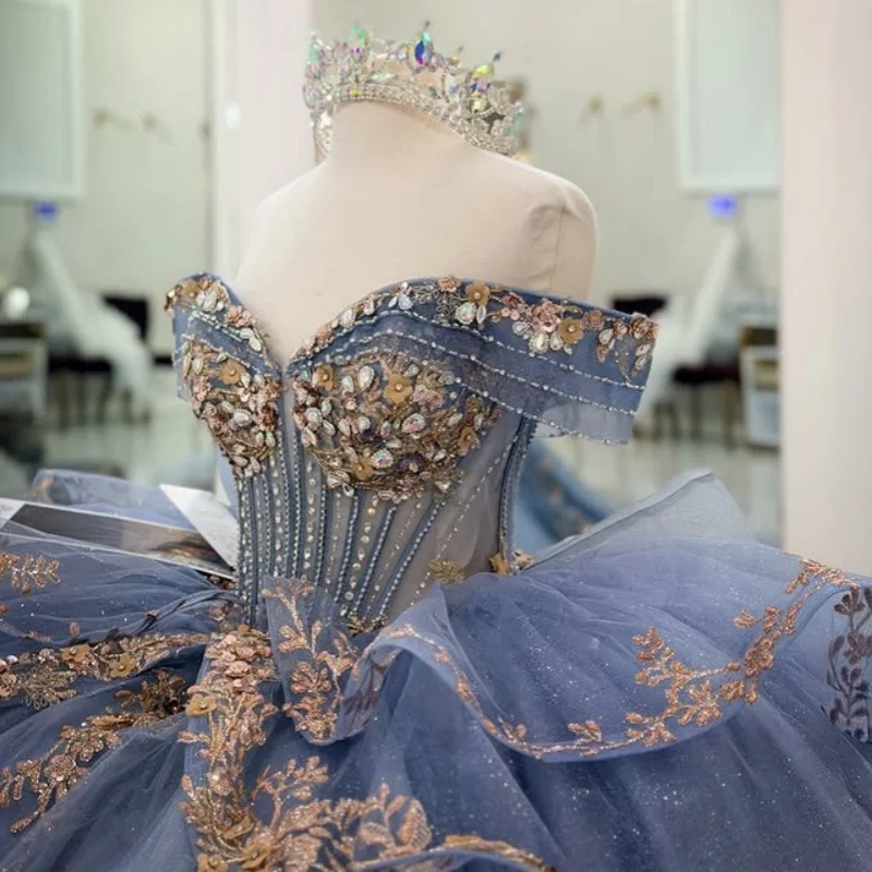 

Blue-Gray Quinceanera Dress crystal glitter flower Decal Long tail Lace layering Bow Vestidos De 15 Quinceanera ﻿Customize