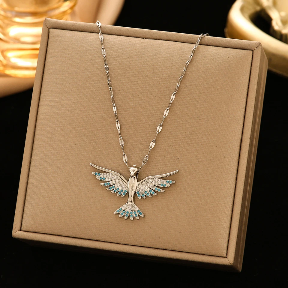 Yupsk Fashion Stainless Steel Cubic Zirconia Phoenix Pendant Necklace for Women Buling Crystal Unisex Jewelry Gift