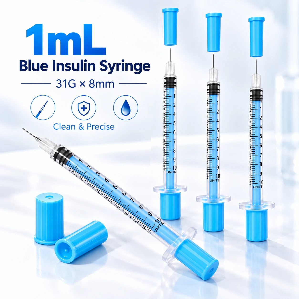 100Pcs/Box, 1ml Blue Insulin Syringe 31G×8mm Disposable Sterile with 5/16inch Needle for Home,Pets Veterinary Use